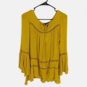 Jill Jill Stuart M Top Boho Mustard‎ Yellow Crochet Details Bell Sleeves